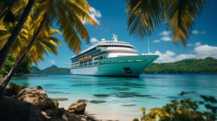 Fototapeta premium White cruise ship, liner, boat swim