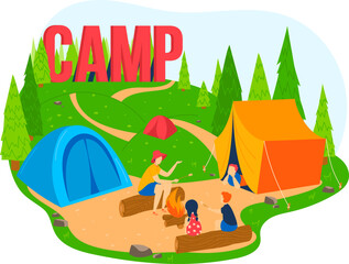 Family camping in forest with tents, campfire, and relaxing outdoors. Colorful vacation scene with parents and child in nature. Outdoor adventure and family travel vector illustration.