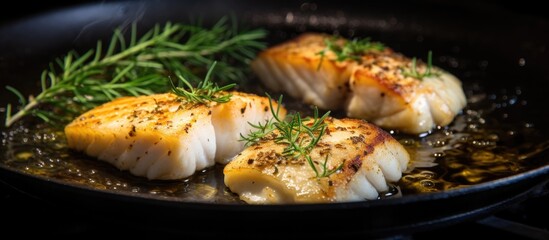 Cod fillet cooked with thyme in a frying pan on a stove.