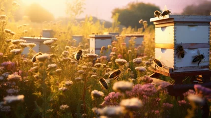 Fotobehang Hives in an apiary with bees flying to the landing boards. Apiculture. Neural network AI generated art © mehaniq41