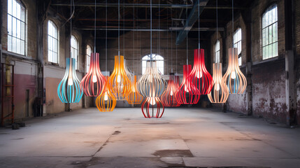 lightbulbs protected by wire hang in front of a wall inside