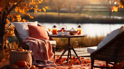 Wooden chair in autumn garden. Vintage radio on table. Wooden deckchair on green summer lawn on...