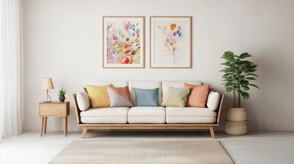 Cozy living room with a modern sofa adorned with colorful cushions and wall art