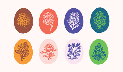 Linocut plant sprig in colorful frame vector motif set. Folkart collection of rural rustic floral in shabby chic scandi style. Clipart collection for graphic quirky leaf illustration. 