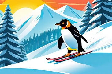 Penguin skiing in the mountains on a sunny day. Cartoon vector illustration