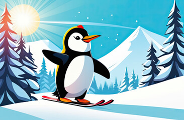 Cute penguin skiing in the mountains on a sunny day. Cartoon vector illustration