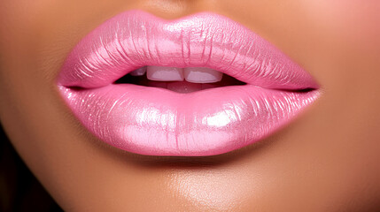 Obraz premium Glamorous Lips with Pink Lipstick - Beauty and Fashion Editorial