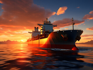 Oil Tanker Cargo Ship on the Sea in a Wonderful Sunset Sunrise AI Artwork