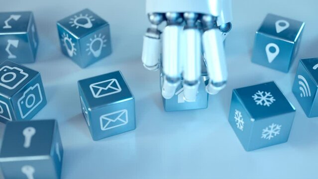 Advanced robotic arm stacking metallic cubes with smart home icons. Render CGI