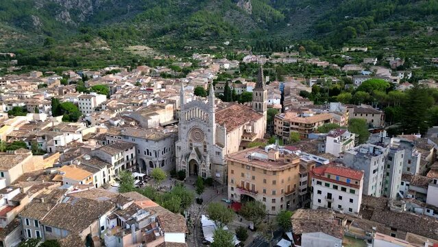 Soller, Mallorca, Balearic Islands, Spain. Famous tourist attraction. Old Spanish town between mountains top drone aerial view