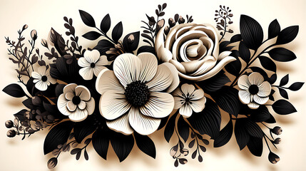 PNG. Black color doodle organic line art flower and leaf.
