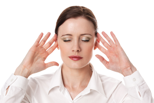 Portrait of a young business woman covering her ears, isolated