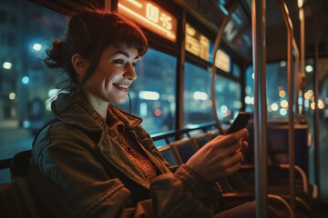 Caucasian female passenger sitting with smartphone in public transport in city at night