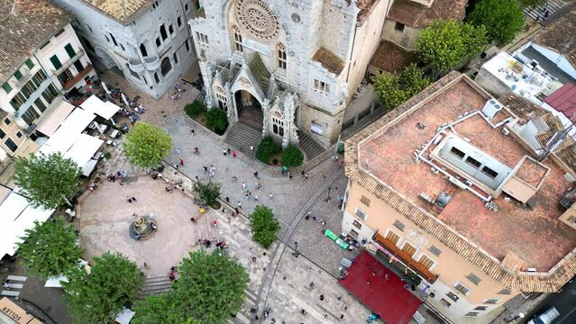 Soller, Mallorca, Balearic Islands, Spain. Famous tourist attraction. Old Spanish town between mountains top drone aerial view