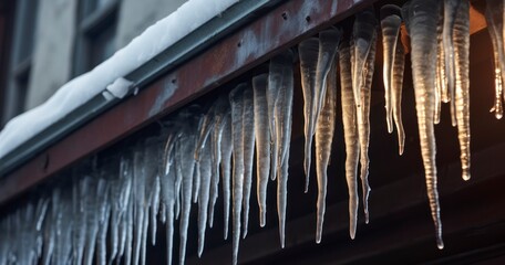 Spiked icicles at the edge of pitched gray roof with clumps of snow in winter - obrazy, fototapety, plakaty