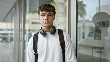 Cool young hispanic male student wearing headphones, relaxed with backpack at university,...