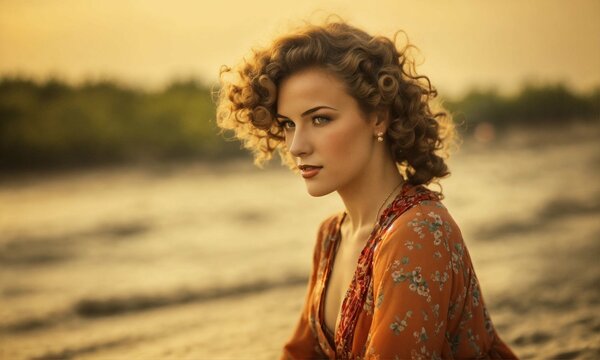 Retro warszawa 1920-1930, very buatiful woman, at the beach, curly hair