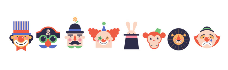 Circus, Carnival, Street Festival, Purim Carnival concept illustrations, elements and icons. Cute faces of clowns and animals. Circus background. Geometric retro style design