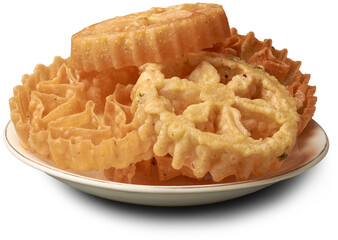 kokis, plate of crispy and deep fried sri lankan food, traditional and popular dessert made from batter of rice flour and coconut milk, festive season snack isolated on white background