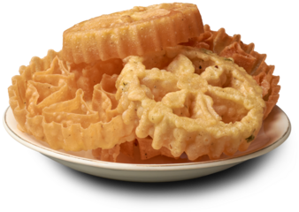 kokis, plate of crispy and deep fried sri lankan food, traditional and popular dessert made from batter of rice flour and coconut milk, festive season snack isolated on white background