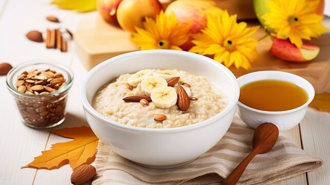 A Warm Serving of Oatmeal with Banana and Honey, Accompanied by Yogurt in a White Bowl, Set Against a Wooden Backdrop