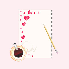 Open sketchbook witn drawing hearts