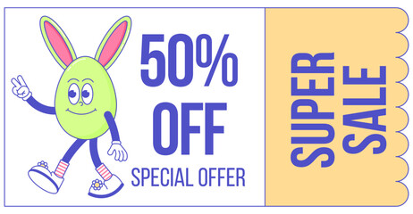 Happy Easter, spring holiday. Retro groovy cartoon character with rabbit ears. Comic trendy coupon promotion set, discount banner, gift voucher. Vector illustration 60s 70s 90s style