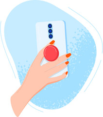 Female hand holding smartphone taking selfie, elegant manicure, camera app open. Social media, communication, technology concept vector illustration.