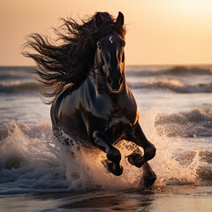 a beautiful friesian horse runs in the sea waves and develops its mane in the morning at dawn