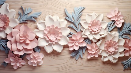 3d illustration , wooden planks background with beautiful flowers on background , custom wallpaper design. Generative Ai