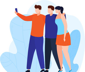 Obraz premium Two young men and a woman taking a selfie together, casual clothing, friends pose for photo, cheerful group. Friendship, social media, and technology concept vector illustration.