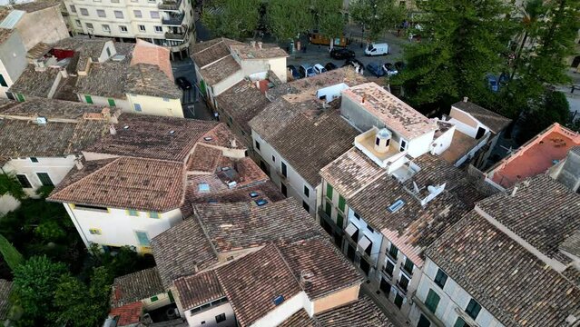 Soller, Mallorca, Balearic Islands, Spain. Famous tourist attraction. Old Spanish town between mountains top drone aerial view