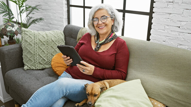 Smiling mature woman with grey hair relaxing on a sofa with her dog, holding a tablet in a cozy living room.
