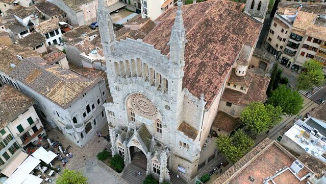 Soller, Mallorca, Balearic Islands, Spain. Famous tourist attraction. Old Spanish town between mountains top drone aerial view