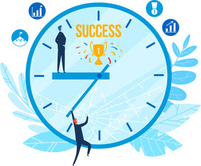 Two businessmen racing against time to achieve success, one holding a clock hand. Victory, goal achievement, and business strategy vector illustration.