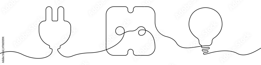 Poster socket, plug, liiht bulb line continuous drawing vector. one line socket vector background. plug ico