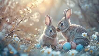 Easter bunny and Easter eggs on green grass field spring meadow