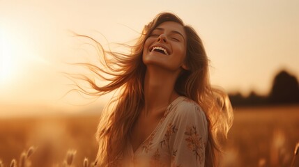 Beautiful carefree woman in fields being happy outdoors. Neural network AI generated art