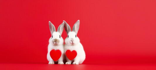 Happy Valentine's day greeting card, Cute bunnies couple whith a heart, love, wedding celebration concept greeting card on red background