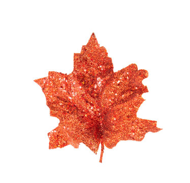 red glitter leaves decoration leaves on white background.