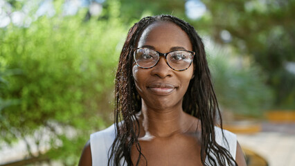 An adult african-american woman with curly hair wearing glasses smiles subtly in a sunny outdoor garden setting