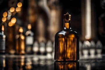 amber bottle of liquor spirits  in a dark wooden blurry interior