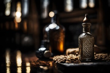 amber bottle of whisky in a classy wooden blurry interior