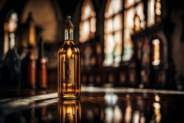 amber bottle of whisky in a classy wooden blurry interior