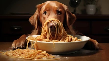 Zelfklevend Fotobehang Golden retriever dog hilariously eating spaghetti from a plate on a wooden table © Andrey Tarakanov