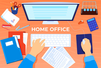 Hands typing on keyboard with computer on desk, home office setup with stationery. Freelancer workspace with documents. Remote work and freelance concept vector illustration.