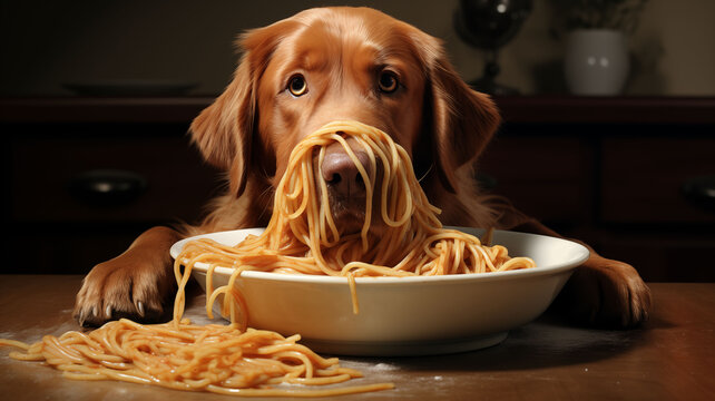 Golden retriever dog hilariously eating spaghetti from a plate on a wooden table