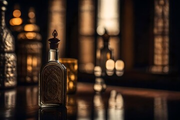 amber bottle of liquor in a classy wooden blurry abbey interior