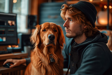 A man hugging  golden retriever dog at home The bond between a dog and its owner concept.