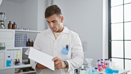 Attractive young hispanic man engrossed in reading a crucial lab report, standing amidst a whirl of...